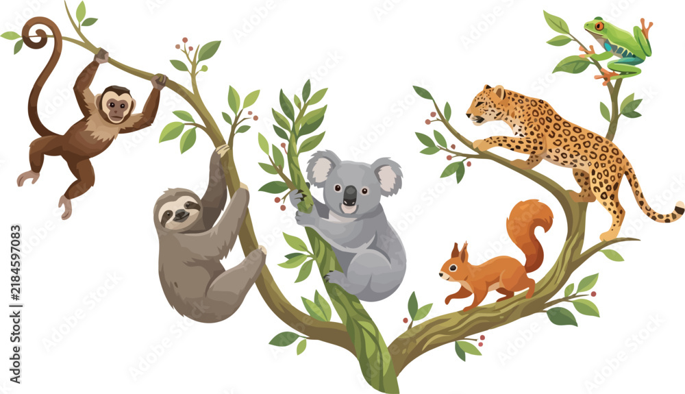 Fototapeta premium A collection of diverse wild animals including a monkey sloth koala leopard squirrel and frog on a tree.