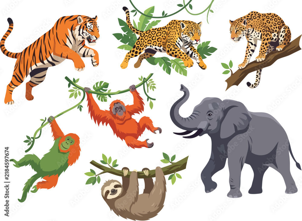 Obraz premium A collection of various wild jungle animals including a tiger leopard elephant orangutans and a sloth.