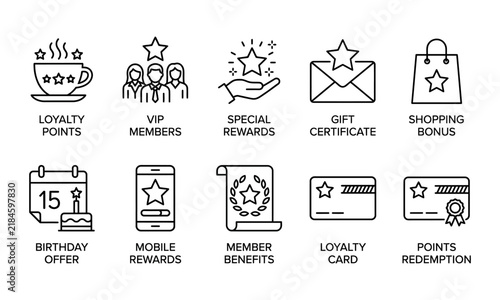 Customer loyalty program and vip membership reward line icon set vector element for marketing strategy client retention bonus system shopping discount promotional campaign digital business app UI