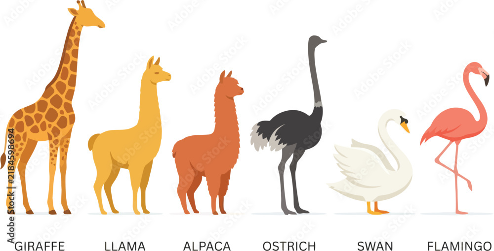 Obraz premium A collection of various animals including a giraffe llama alpaca ostrich swan and flamingo.