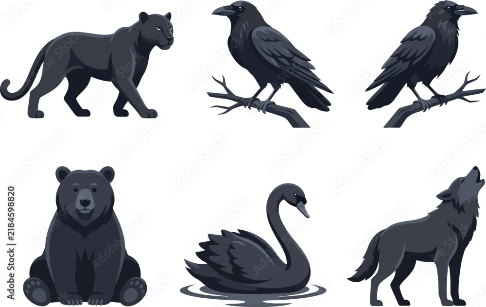 Obraz premium A collection of six distinct black animals including a panther raven bear swan and wolf.
