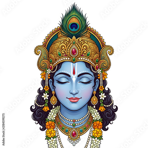 Portrait of lord krishna with golden crown and flowers