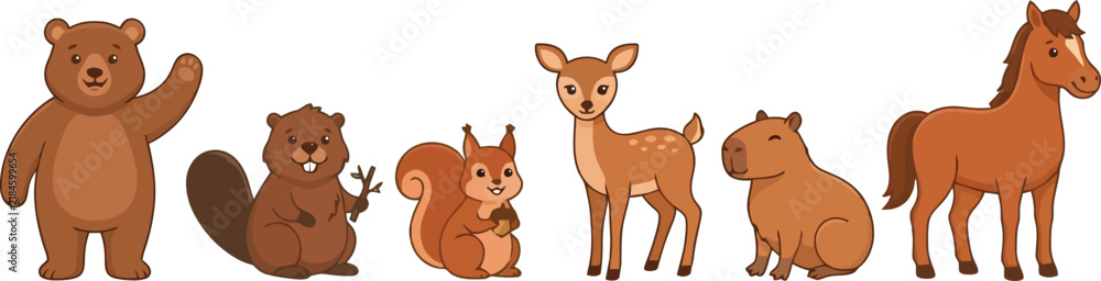 Obraz premium A collection of cute cartoon animals including a bear beaver squirrel deer capybara and horse.