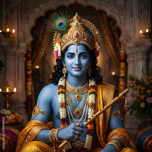 Lord krishna with flute in a beautiful golden temple