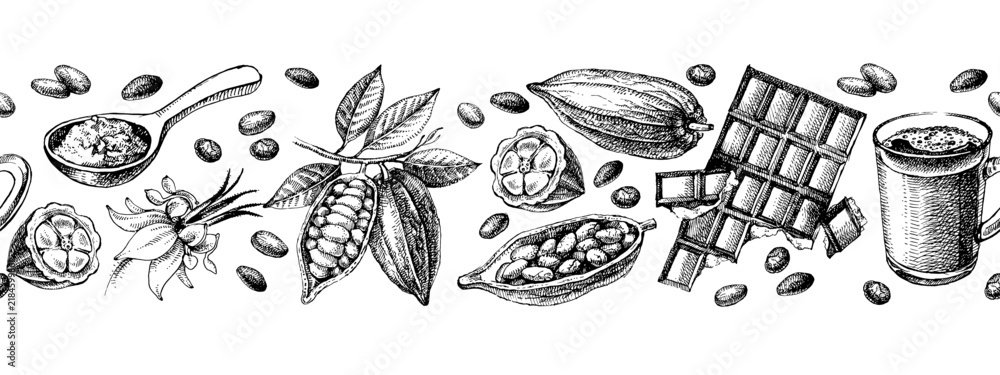 Obraz premium Hand drawn sketch cocoa chocolate product background. Vintage vector illustration of natural healthy food. Packaging design of cacao powder