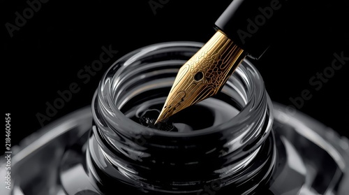 Elegant gold tipped pen filling with dark ink from transparent inkwell with intricately designed pen