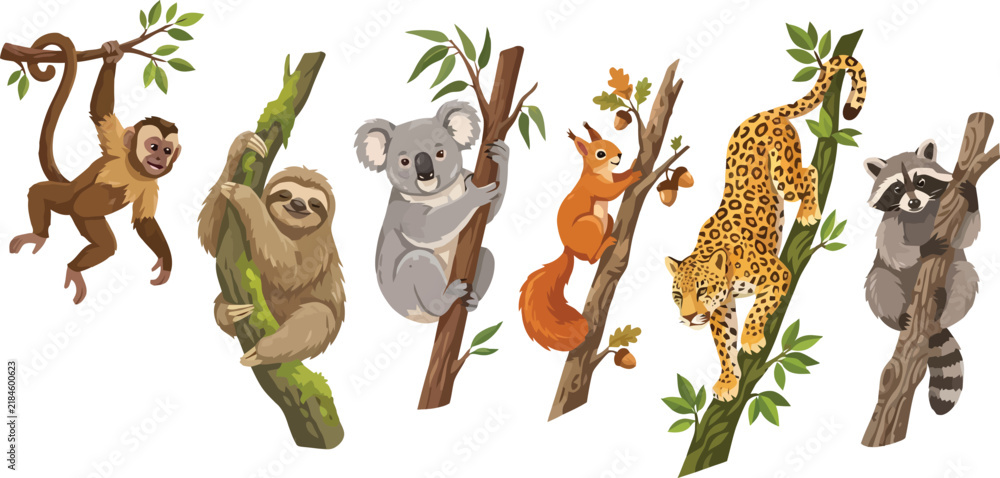 Fototapeta premium A collection of watercolor illustrations featuring various wild animals climbing on tree branches.