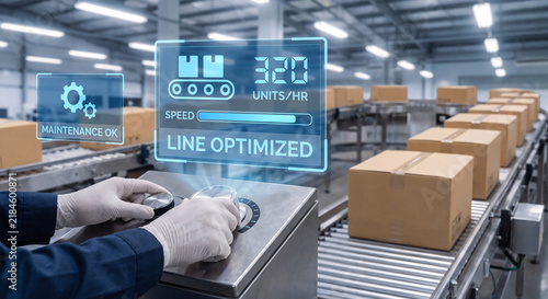 hands adjust conveyor control beneath glowing throughput optimization interface to confirm line efficiency status, verify maintenance readiness, track production speed rate