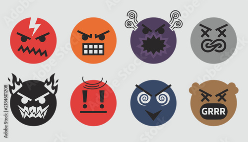 Set of eight diverse angry emoji icons displaying various expressions of rage, frustration, and madness.