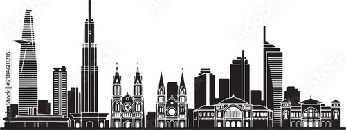 Ho Chi Minh City skyline vector silhouette design icon featuring key landmarks