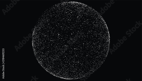 Cosmic dust particle sphere resembling a sparkling stellar body or global data network on a black background.