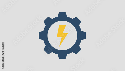 Industrial gear icon in dark blue featuring a bright yellow lightning bolt inside representing power generation.