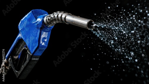 close-up of a blue fuel nozzle spraying liquid fuel against a black background.