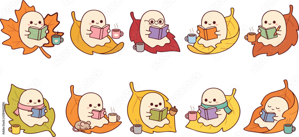 Obraz premium Set of cute cartoon ghosts reading books and drinking coffee while sitting on autumn leaves and blankets