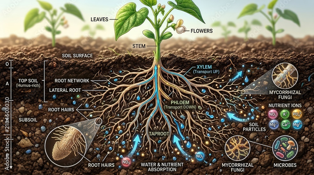 Obraz premium Illustration of a plant s structure and its interaction with the soil and nutrients, including the root network, taproot, lateral root, root hairs, mycorrhizal fungi, and nutrient absorption.