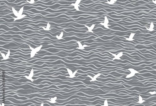 Abstract grey wave pattern with flying birds silhouette seamless background texture