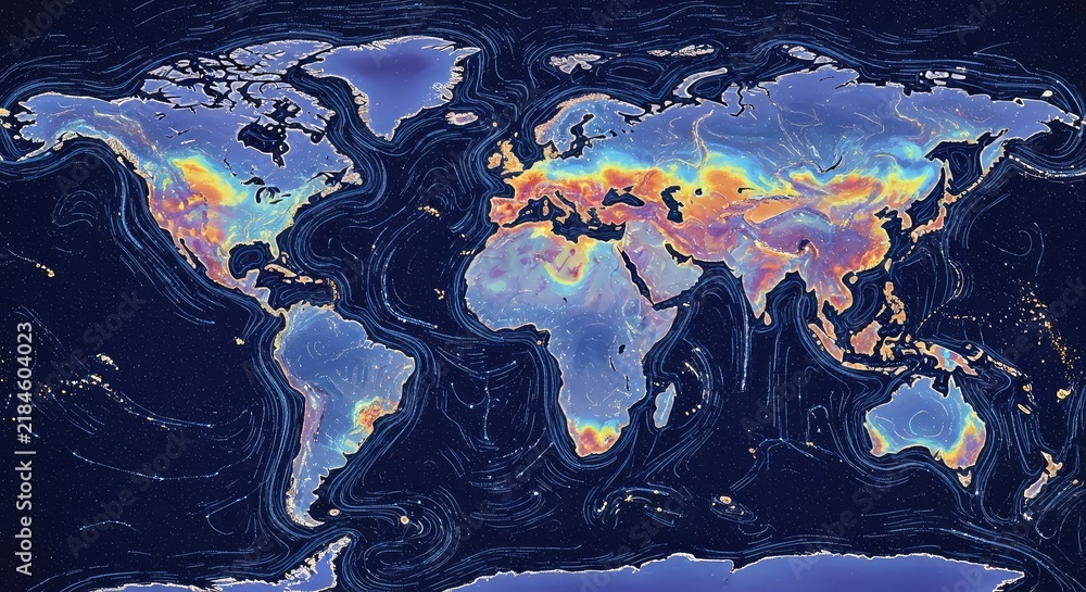 Artistic representation of the world map with vibrant swirls of blue and orange, ideal for thematic presentations or educational materials.