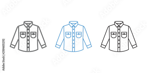 Set of three simple line art shirt icons with long sleeves and front pockets for fashion design