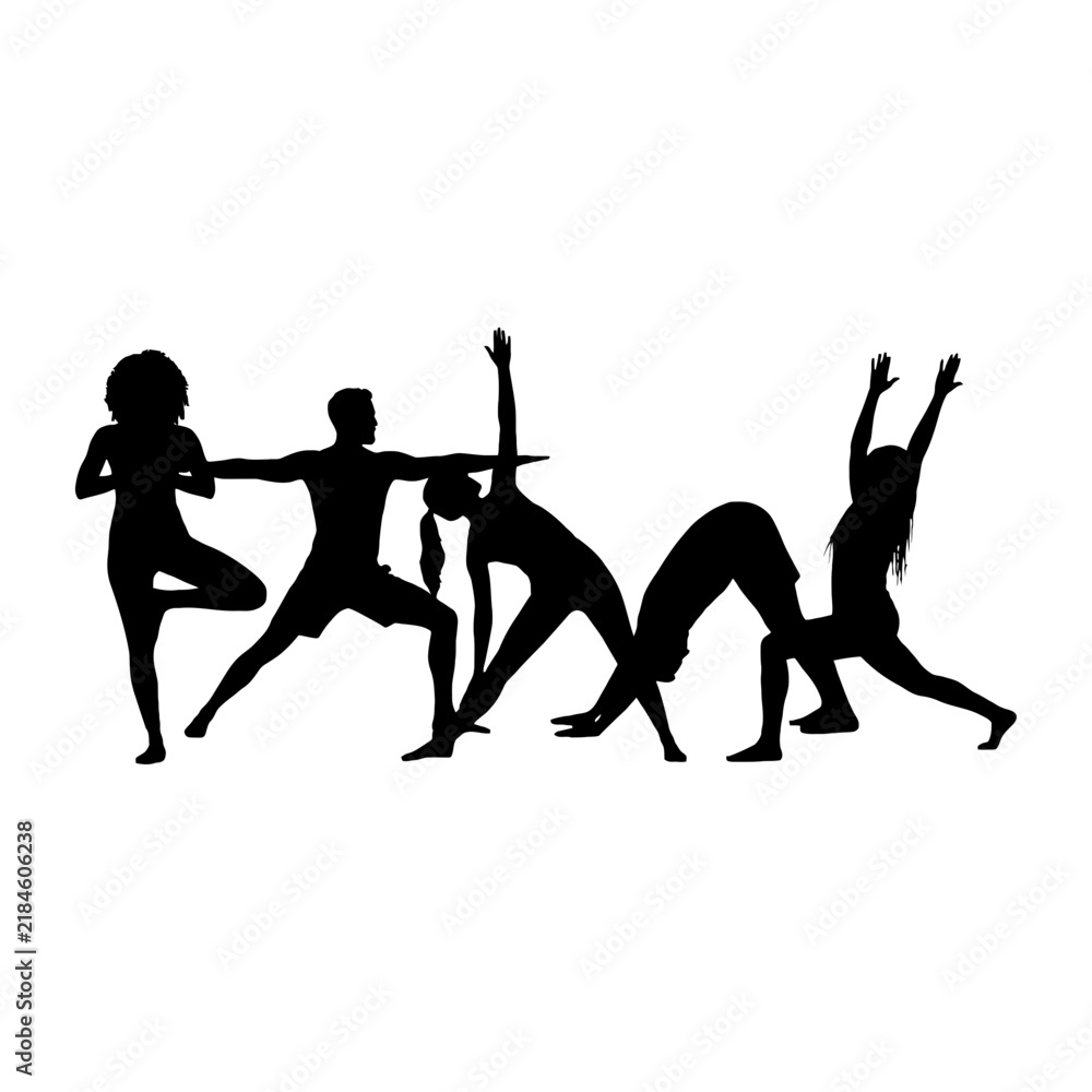 Fototapeta premium Group of silhouetted people practicing yoga poses together