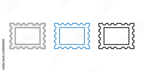 Set of three simple postage stamp icons with outlines isolated on white background