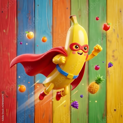 Banana Superhero on Colorful Wooden Background.