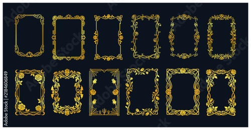 Decorative gold rectangular frame set with rose and spider web vector art illustrations.