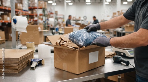 warehouse worker packing clothes in cardboard box for online shopping delivery