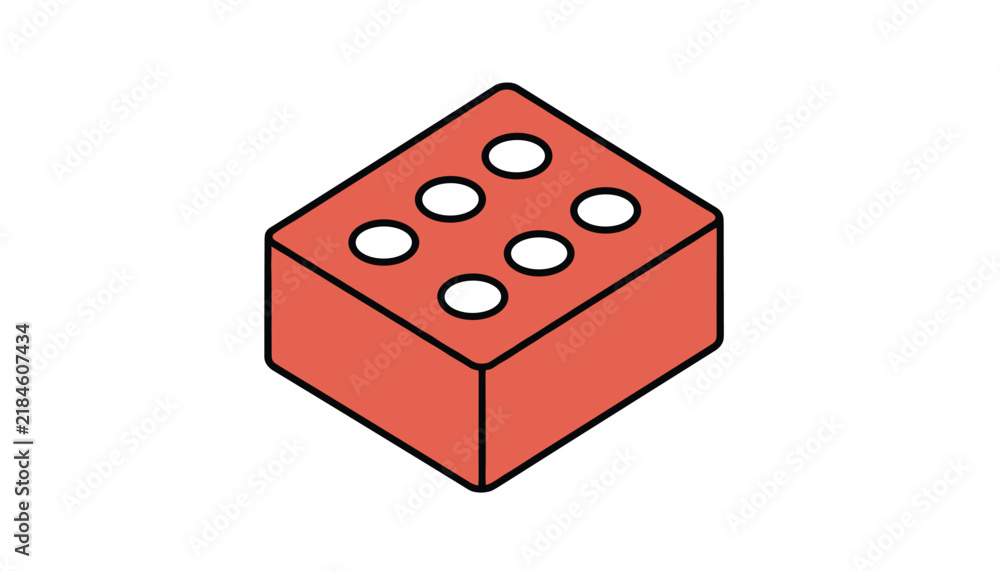 Obraz premium Classic red plastic building brick toy with six studs viewed from an isometric angle on a clean white background.