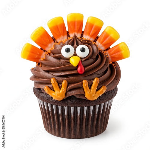 Festive Thanksgiving Turkey Chocolate Cupcake With Candy Corn Feathers, Pretzel Feet.