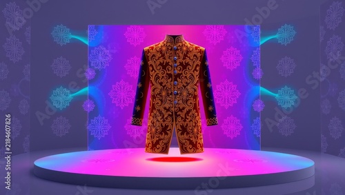 Futuristic digital display showcase of dynamic color shifting textile garment with floral pattern