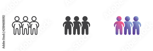 Crowd people icon with three standing figures in line, solid and flat colorful color vector sign symbol. Different style icon set: crowd, people, team.