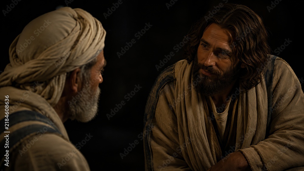 Obraz premium Jesus Christ talking with Nicodemus at night. Biblical scene of conversation about being born again and kingdom of God
