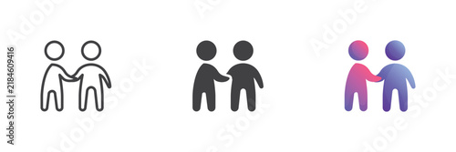 Partnership handshake icon shows two figures shaking hands in line, solid and flat icon color versions. Colorful vector sign and symbol for deal and trust.