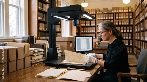 Obraz na płótnie Archivist Digitizing Historical Documents