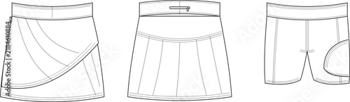 Technical flat sketches of wrap skirt, pleated skirt, and fitted shorts