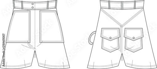 Technical flat sketch of utility shorts with front and back pockets