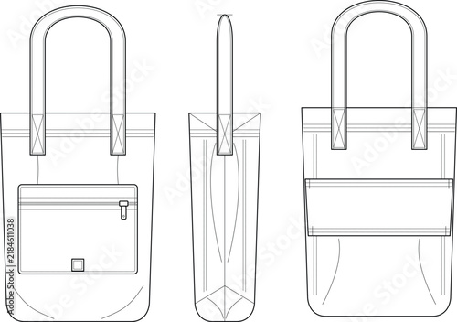 Technical flat sketch of tote bag with zipper and patch pockets