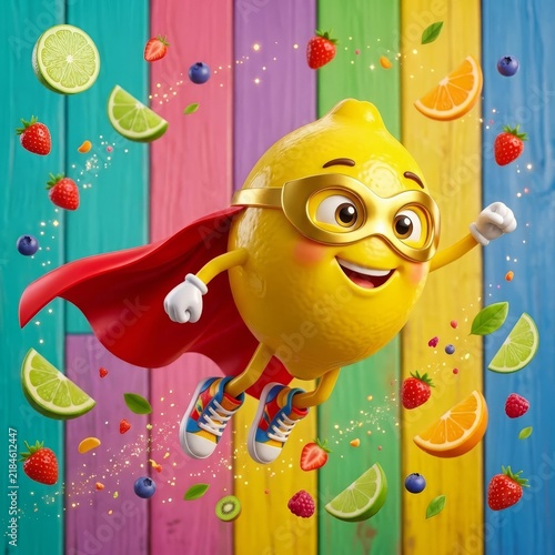 Lemon Superhero on Colorful Fruit Wooden Background.