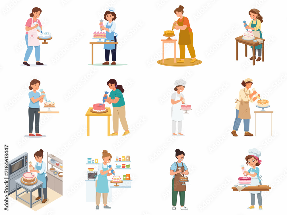 Fototapeta premium Vector illustration set of women pastry chefs and bakers decorating various gourmet cakes with frosting. Diverse flat character collection showing people baking desserts for a professional bakery shop