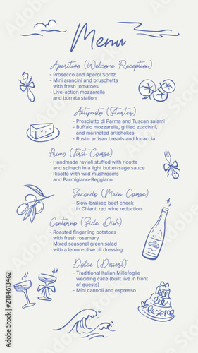 Italian wedding menu template with blue line hand drawn vector illustrations. Coastal scalable customizable design