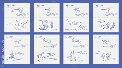 Place card templates set with nautical hand drawn vector illustrations. Customizable seating cards with one fold