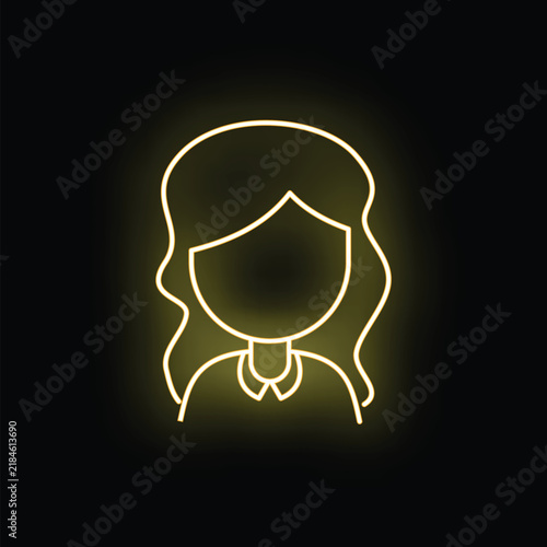 Woman avatar with long hair as a glowing yellow neon outline on black background