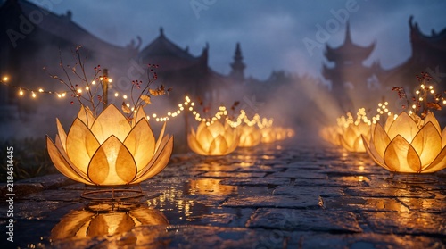 Cinematic Double Ninth Festival night scene with glowing chrysanthemum lanterns, traditional Chinese architecture, warm amber and navy tones, ideal for cultural tourism and festival