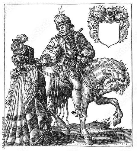 Konstfotografi Soldier saying goodbye to his wife, circa 1600, Renaissance woodcut, old vintage illustration, 1894