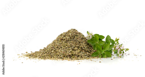 Dry thyme isolated, dried marjoram, oregano pile, ground crushed thyme seasoning, thyme leaves
