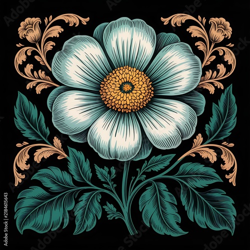 Vintage floral illustration with a large blue flower and decorative botanical flourishes