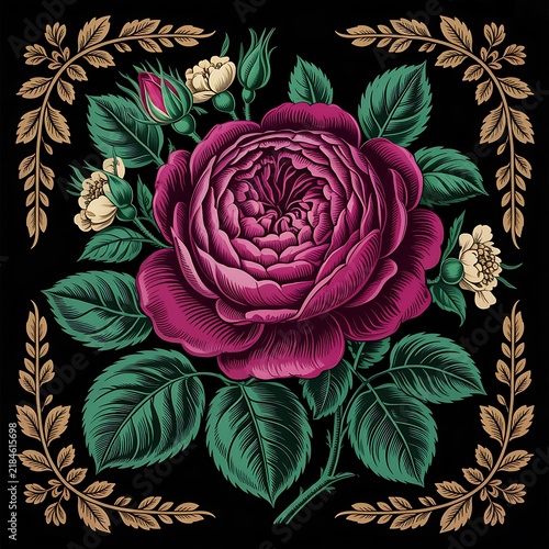 Vintage floral illustration featuring a large magenta rose with green leaves and golden decorative border elements
