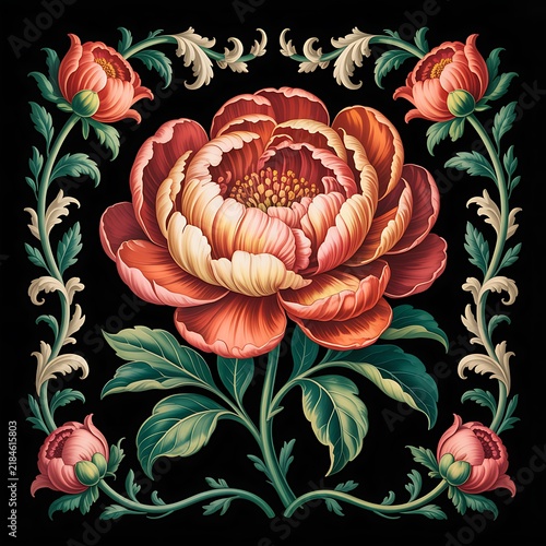 Vintage floral illustration with ornate peony flowers and decorative scrolling botanical elements