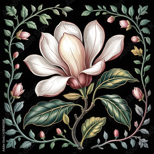 Vintage style botanical illustration of a large white magnolia flower surrounded by decorative floral frame