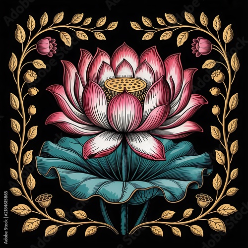 Vintage style botanical illustration of a pink lotus flower surrounded by golden floral frame